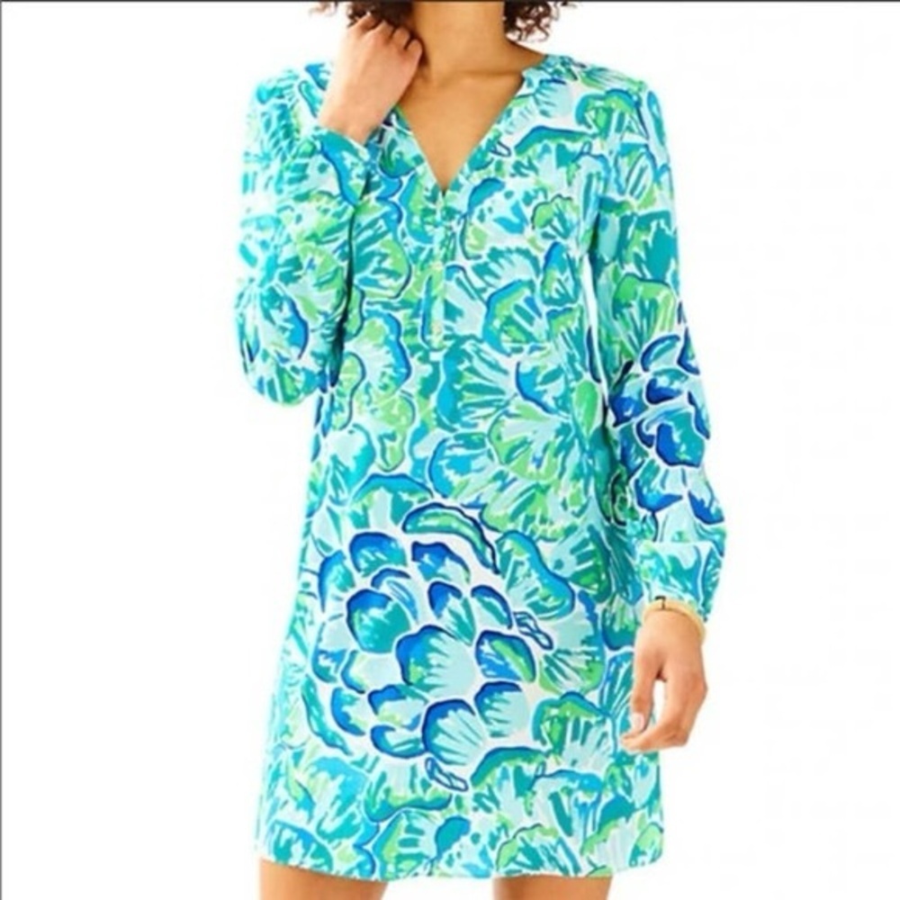 Lilly Pulitzer Delphine Dress Blue Green Agate Lazy River Silk Tunic XS Beach
